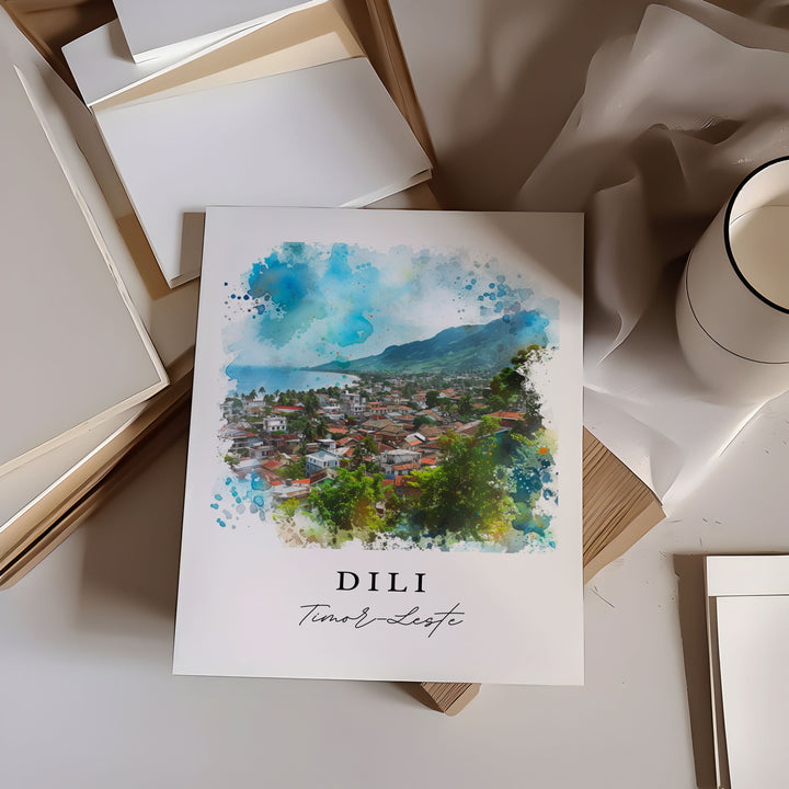 Dili watercolor art - Timor-Leste, Dili print, Dili Wedding gift, Timor-Leste Birthday present, Custom Text, Perfect Gift