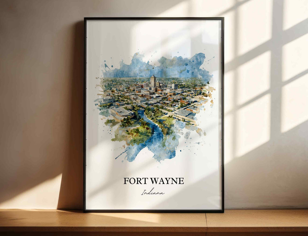 Fort Wayne Wall Art, Indiana Print, Indiana Watercolor Art, Fort Wayne Skyline Gift, Travel Print, Travel Poster, Housewarming Gift