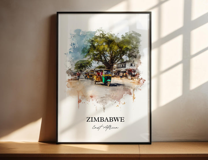 Zimbabwe Wall Art, Zimbabwe Print, Zimbabwe Watercolor Art, Zimbabwe Country Gift, Travel Print, Travel Poster, Housewarming Gift