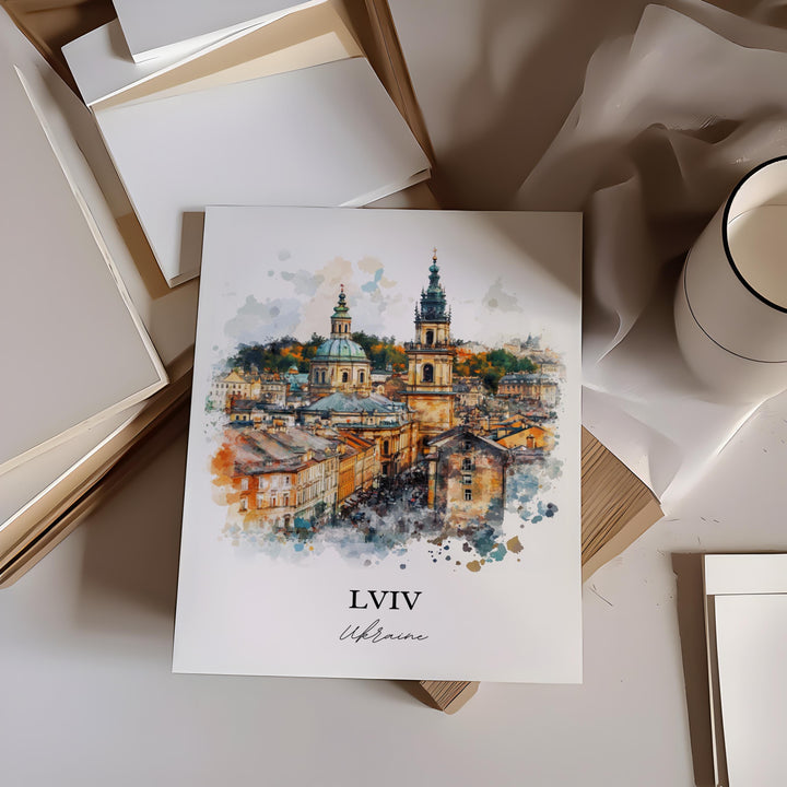 Lviv Wall Art, Lviv Skyline Print, Ukraine Watercolor Art, Lviv Ukraine Gift, Travel Print, Travel Poster, Housewarming Gift