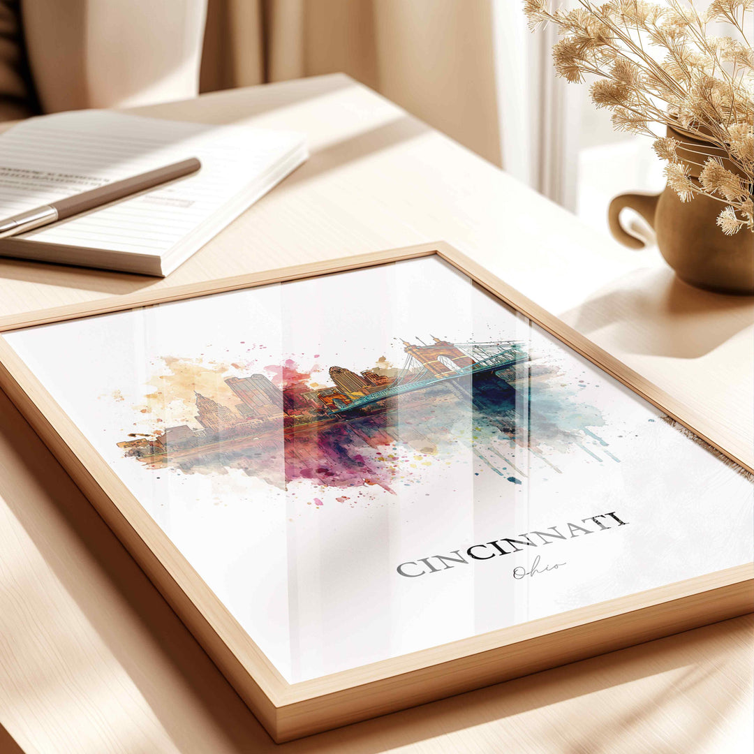 Cincinnati OH Wall Art, Cincinnati Print, Cincinnati Watercolor Art, Cincinnati Skyline Gift, Travel Print, Travel Poster, Housewarming Gift