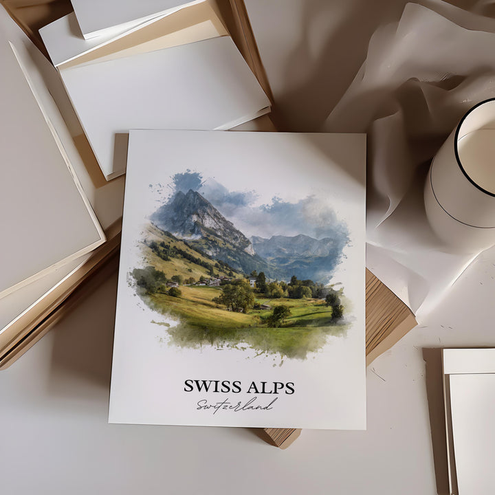 Swiss Alps Wall Art, Switzerland Print, Swiss Alps Watercolor Art, Swiss Alps Gift, Travel Print, Travel Poster, Housewarming Gift