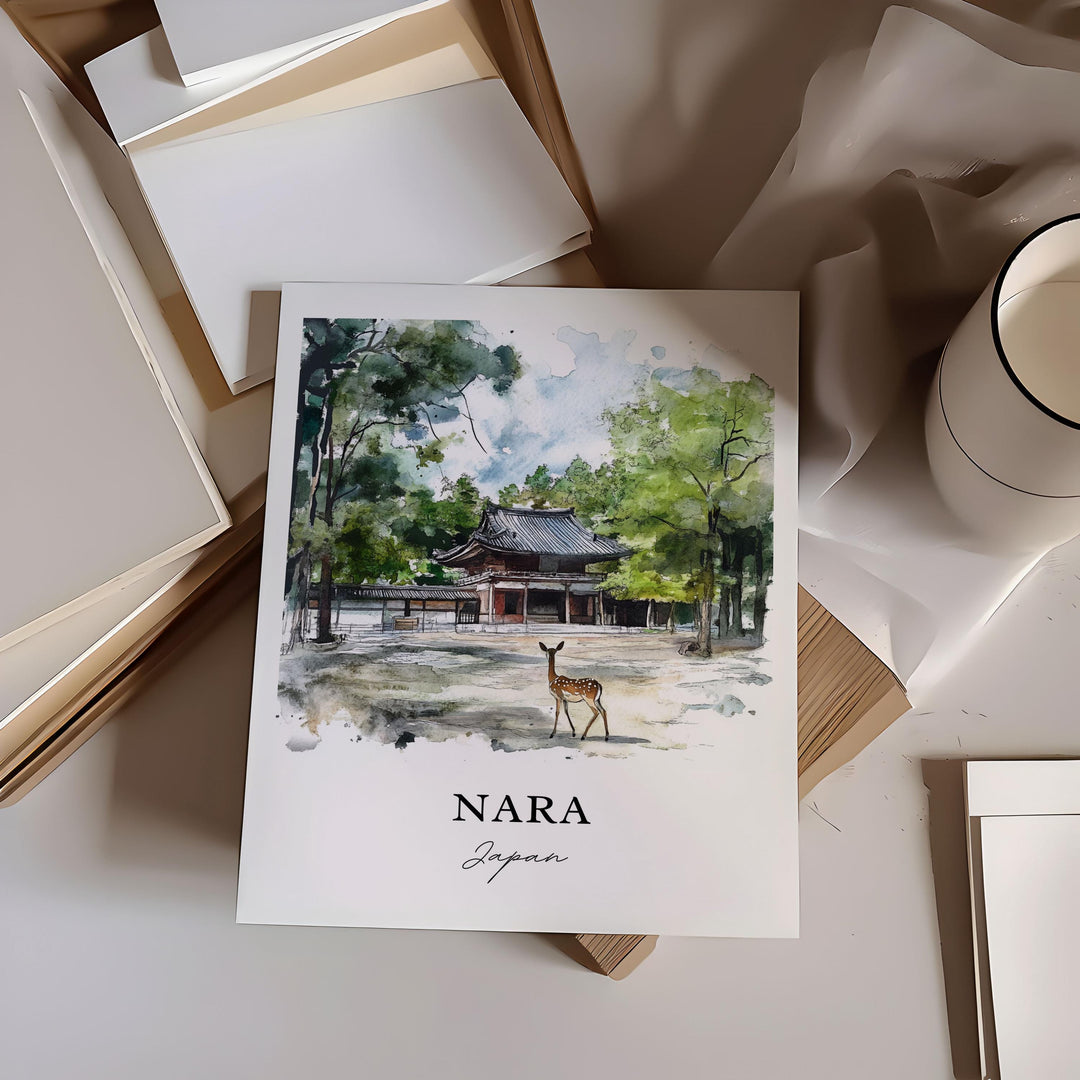 Nara Japan Wall Art, Nara Deer Park Print, Japan Watercolor Art, Nara Japan Gift, Travel Print, Travel Poster, Housewarming Gift