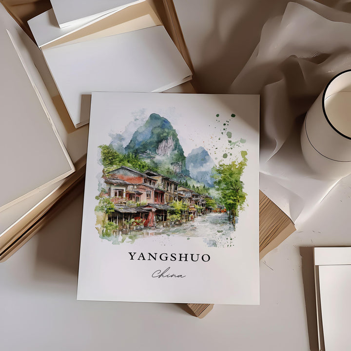 Yangshuo Wall Art, Yangshuo China Print, Guangxi Watercolor Art, Guangxi China Gift,