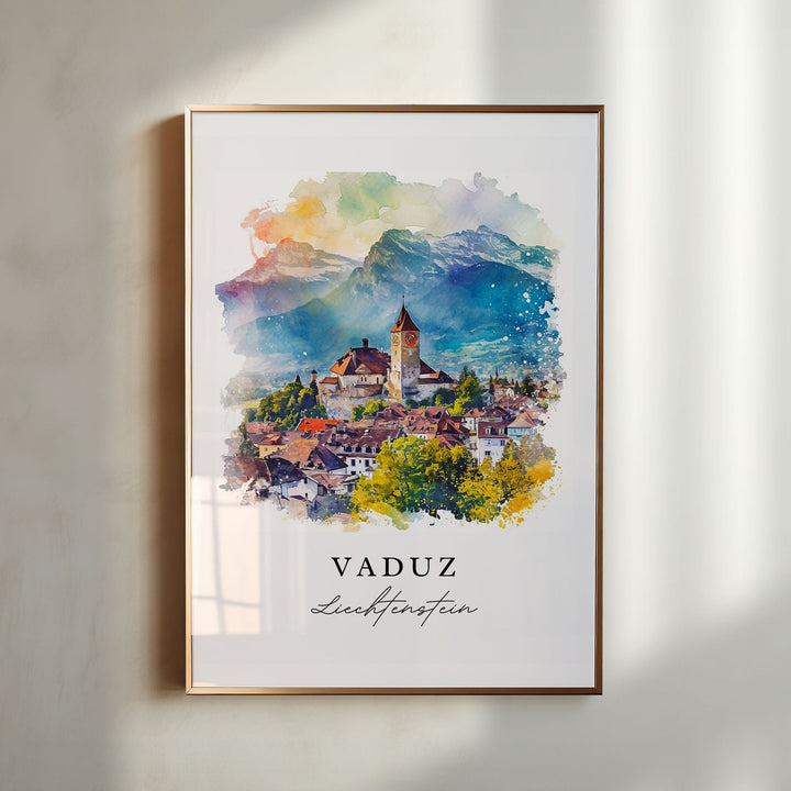 Vaduz watercolor travel art - Liechtenstein, Vaduz print, Wedding gift, Birthday present, Custom Text, Perfect Gift