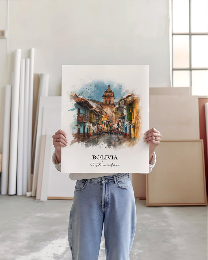 Bolivia Wall Art, Bolivia Print, Bolivia Watercolor Art, Bolivia Country Gift, Travel Print, Travel Poster, Housewarming Gift