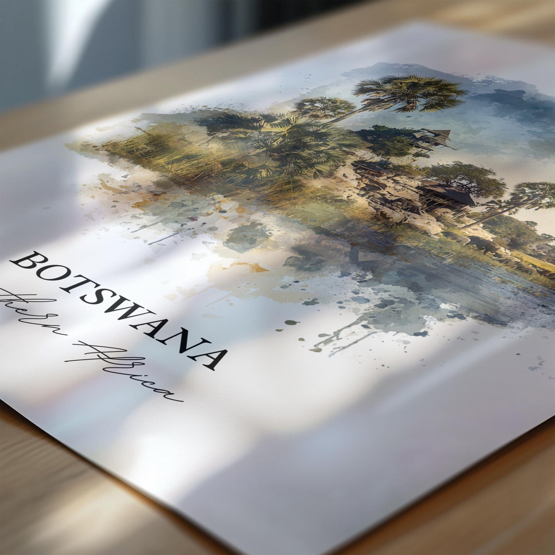 Botswana Wall Art, Botswana Print, Botswana Watercolor Art, Botswana Africa Gift, Travel Print, Travel Poster, Housewarming Gift
