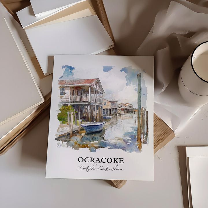 Ocracoke NC Wall Art, Outer Banks Print, Outer Banks NC Watercolor Art, Ocracoke Gift, Travel Print, Travel Poster, Housewarming Gift