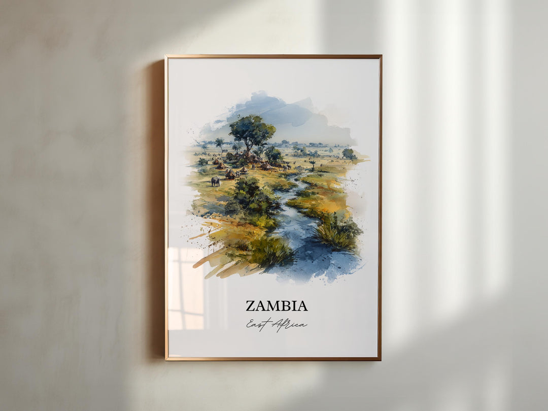 Zambia Wall Art, Zambia Print, Zambia Watercolor Art, Zambia Country Gift, Travel Print, Travel Poster, Housewarming Gift