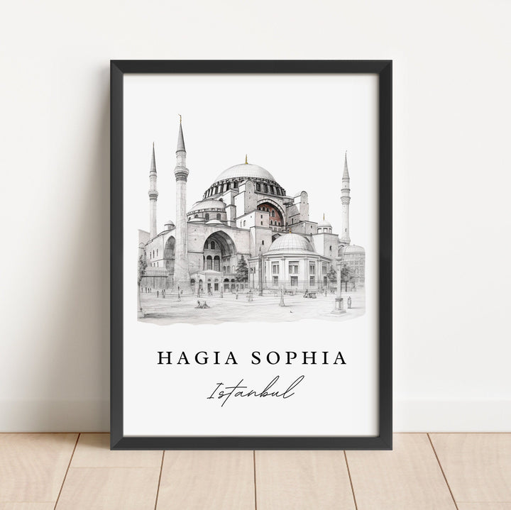 Hagia Sophia Pencil Sketch travel art - Istanbul, Hagia Sophia poster print, Wedding gift, Birthday present, Custom Text, Perfect Gift