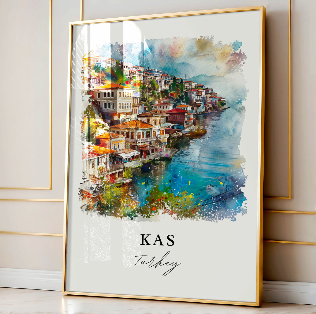 Kas Turkey Wall Art, Kas Print, Kas Coastal Town Watercolor, Bougainvillea flowers,