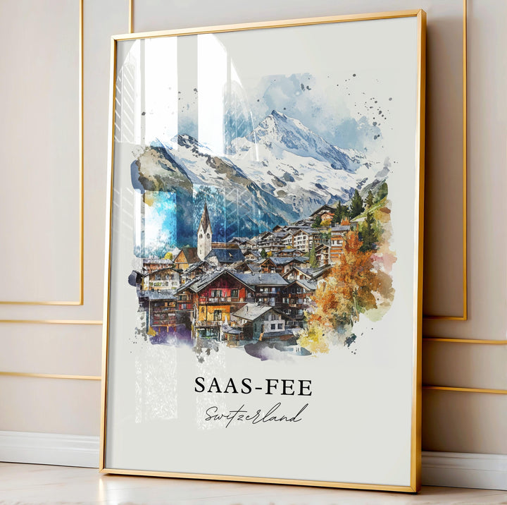 Saas-Fee Wall Art, Saas-Fee Print, Saas-Fee Switzerland Watercolor, Swiss Alps Gift,