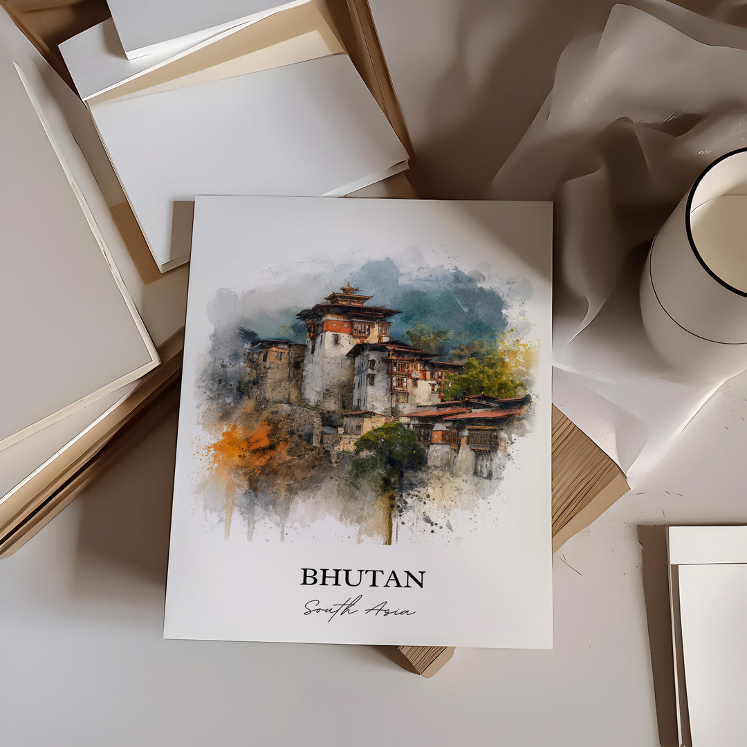 Bhutan Wall Art, Bhutan Print, Bhutan Watercolor Art, Bhutan Gift, Travel Print, Travel Poster, Housewarming Gift