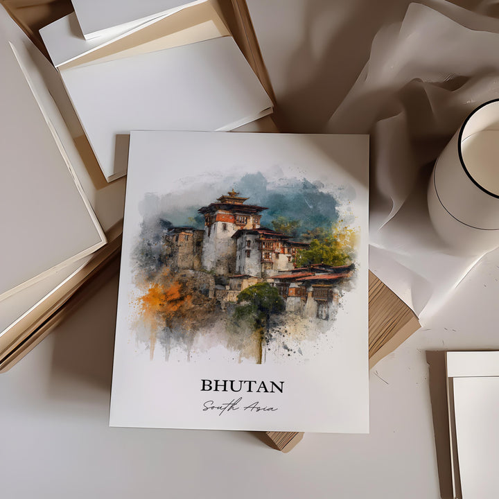 Bhutan Wall Art, Bhutan Print, Bhutan Watercolor Art, Bhutan Gift, Travel Print, Travel Poster, Housewarming Gift