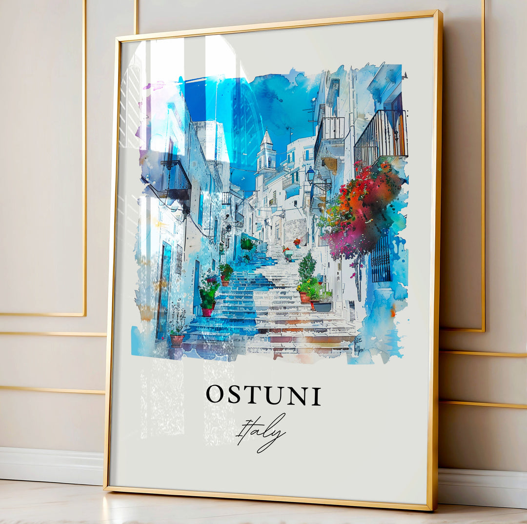 Ostuni Italy Wall Art, Brindisi Italy Print, Ostuni Watercolor, Apulia Region Gift,