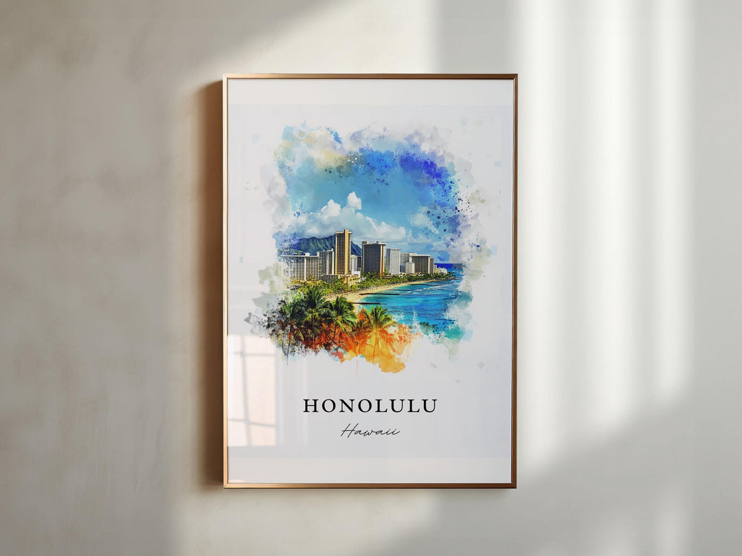 Honolulu Wall Art, Honolulu Skyline Print, Honolulu HI Watercolor Art, Honolulu Hawaii Gift,