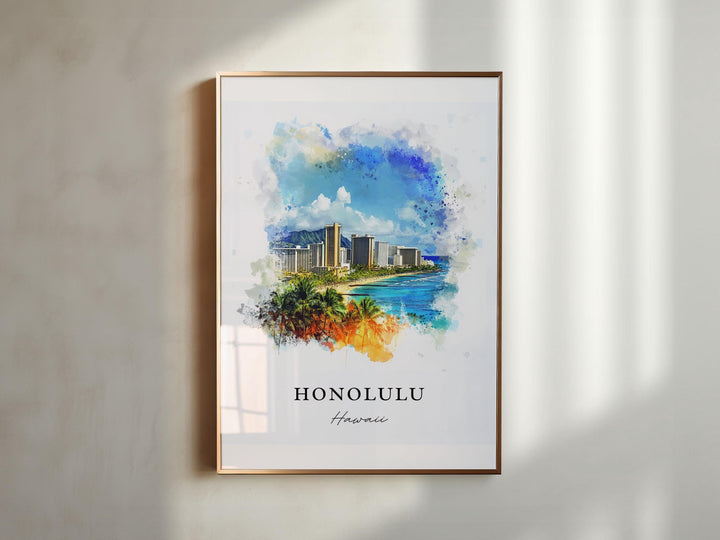 Honolulu Wall Art, Honolulu Skyline Print, Honolulu HI Watercolor Art, Honolulu Hawaii Gift,