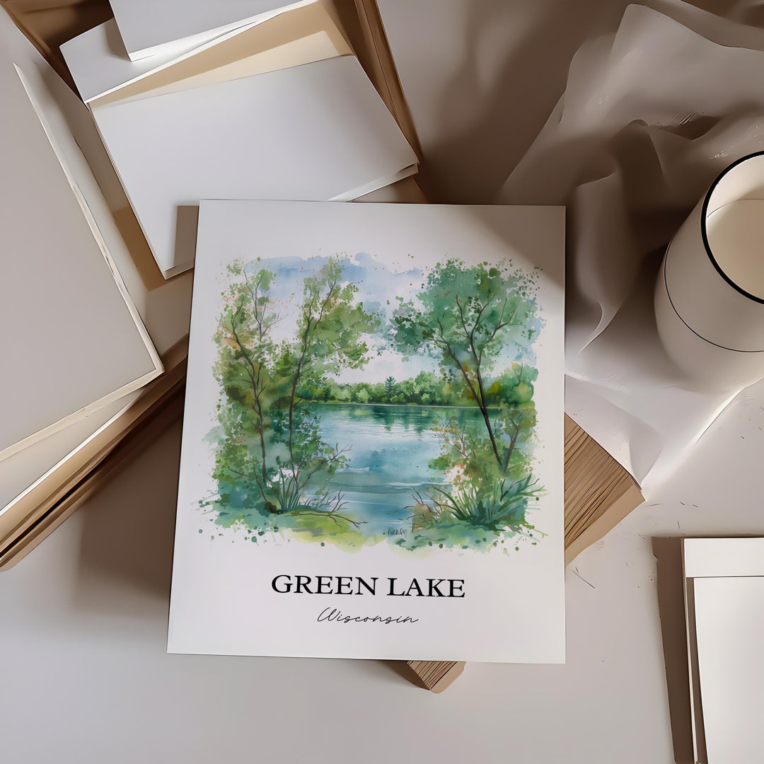Green Lake WI Wall Art, Big Green Lake Print, Wisconsin Watercolor Art, Green Lake WI Gift, Travel Print, Travel Poster, Housewarming Gift