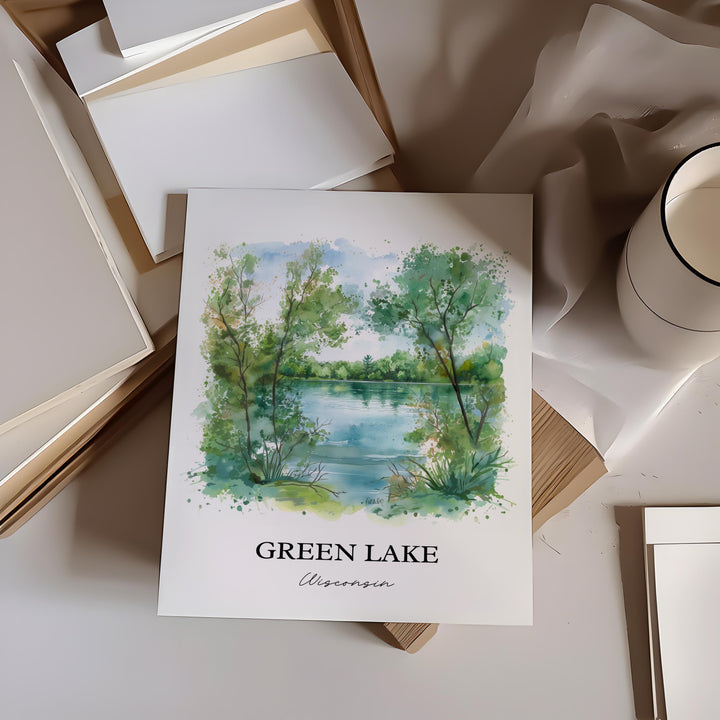 Green Lake WI Wall Art, Big Green Lake Print, Wisconsin Watercolor Art, Green Lake WI Gift, Travel Print, Travel Poster, Housewarming Gift