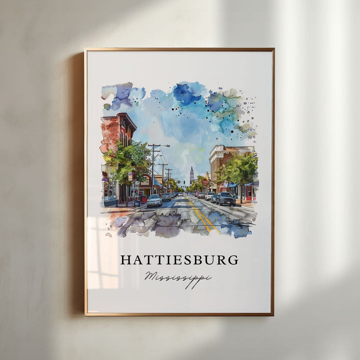 Hattiesburg MS Wall Art, Hattiesburg Print, Hattiesburg Mississippi Watercolor, Univ Mississippi Gift, MS Travel Poster, Housewarming Gift