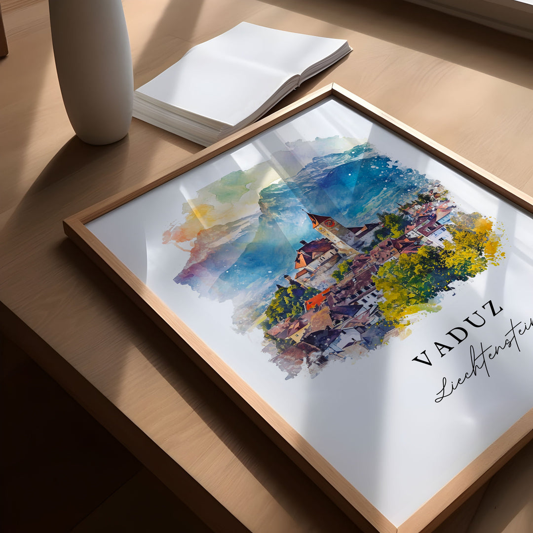 Vaduz watercolor travel art - Liechtenstein, Vaduz print, Wedding gift, Birthday present, Custom Text, Perfect Gift