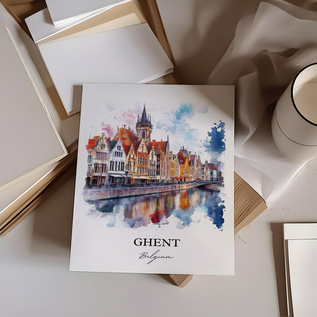 Ghent Wall Art, Ghent Belgium Print, Belgium Watercolor Art, Ghent Belgium Gift, Travel Print, Travel Poster, Housewarming Gift