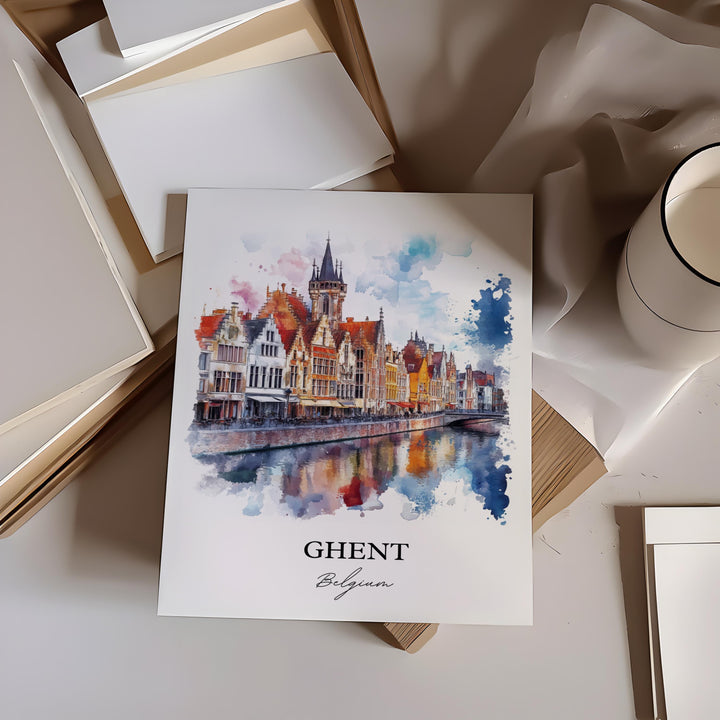Ghent Wall Art, Ghent Belgium Print, Belgium Watercolor Art, Ghent Belgium Gift, Travel Print, Travel Poster, Housewarming Gift