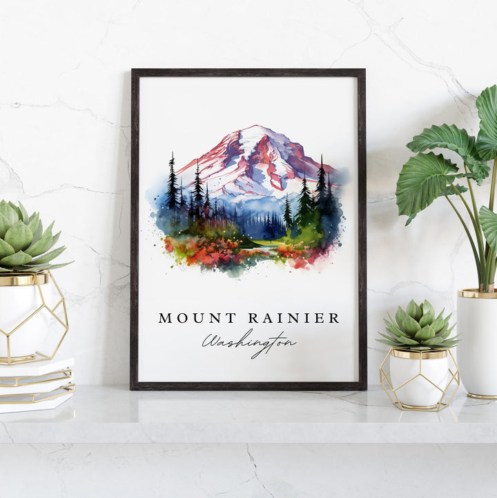 Mount Rainier traditional travel art - Washington, Mount Rainier poster print, Wedding gift, Birthday present, Custom Text, Perfect Gift