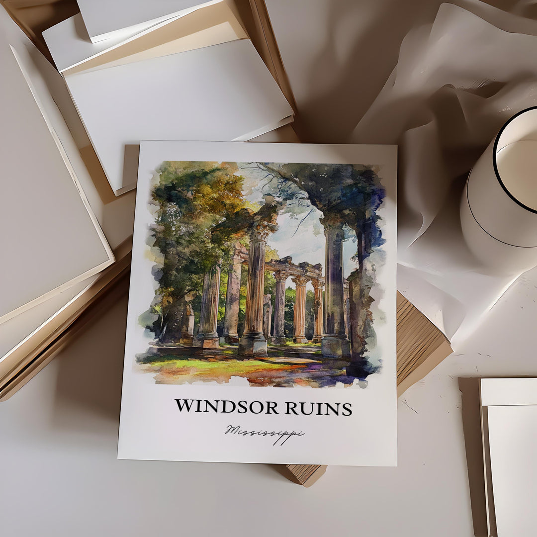 Windsor Ruins, Mississippi, USA – Watercolor Art Print