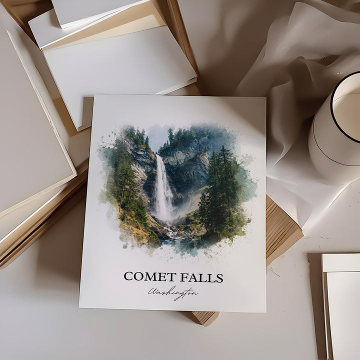 Comet Falls WA Wall Art, Washington Print, Comet Falls Watercolor Art, Comet Falls Gift, Travel Print, Travel Poster, Housewarming Gift
