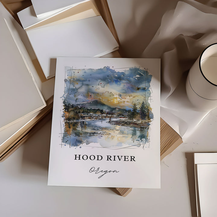 Hood River Oregon Art, Hood River OR Print, Hood River Watercolor Art, Hood River OR Gift,