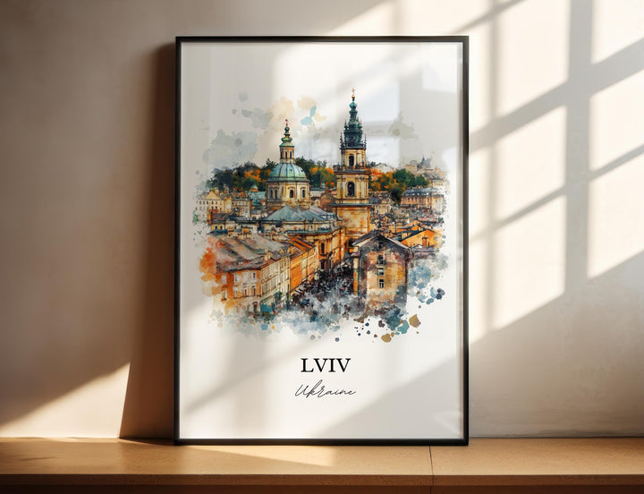 Lviv Wall Art, Lviv Skyline Print, Ukraine Watercolor Art, Lviv Ukraine Gift, Travel Print, Travel Poster, Housewarming Gift