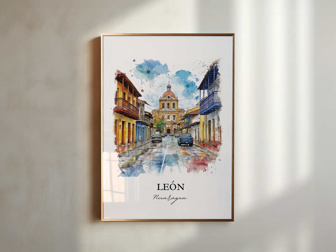 León Nicaragua Wall Art, León Print, Nicaragua Watercolor Art, Managua Gift, Travel Print, Travel Poster, Housewarming Gift
