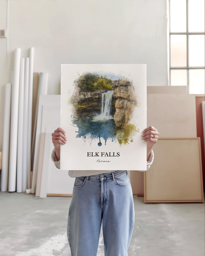 Elk Falls KS Wall Art, Elk Falls Print, Elk Falls Watercolor Art, Elk Falls Kansas Gift, Travel Print, Travel Poster, Housewarming Gift
