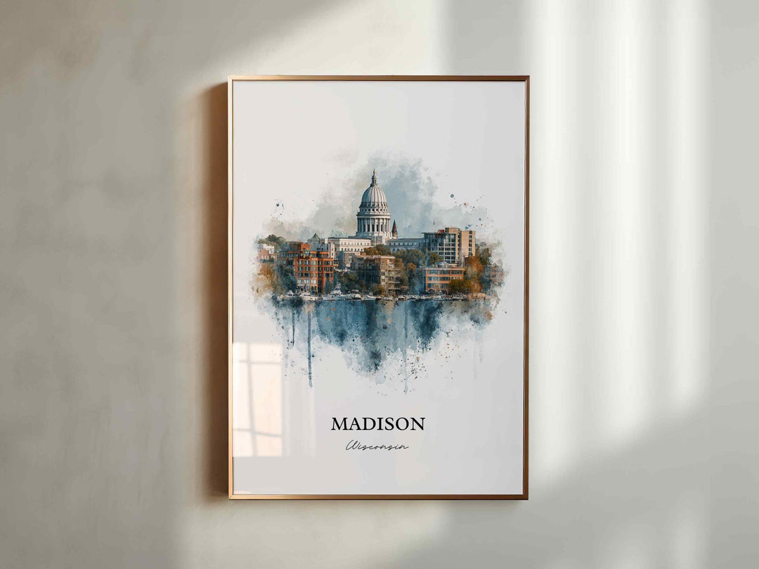 Madison WI Wall Art, Madison Print, Wisconsin Watercolor Art, Madison Wisconsin Skyline Gift, Travel Print, Travel Poster, Housewarming Gift