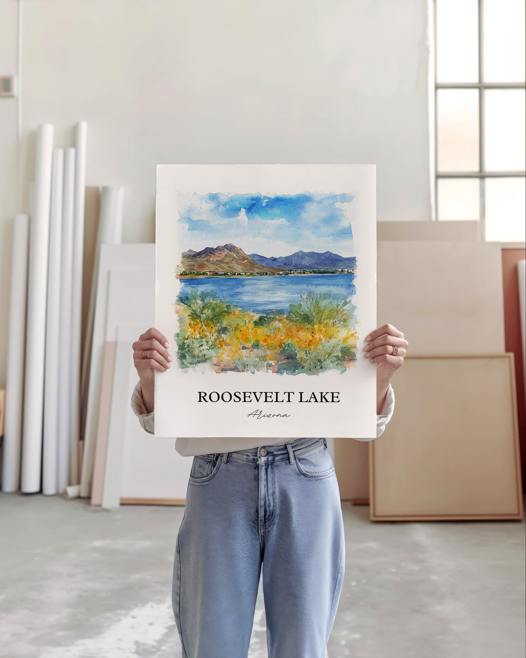 Roosevelt Lake Wall Art, Apache Junction Print, Arizona Watercolor Art, Roosevelt Lake Gift, Travel Print, Travel Poster, Housewarming Gift