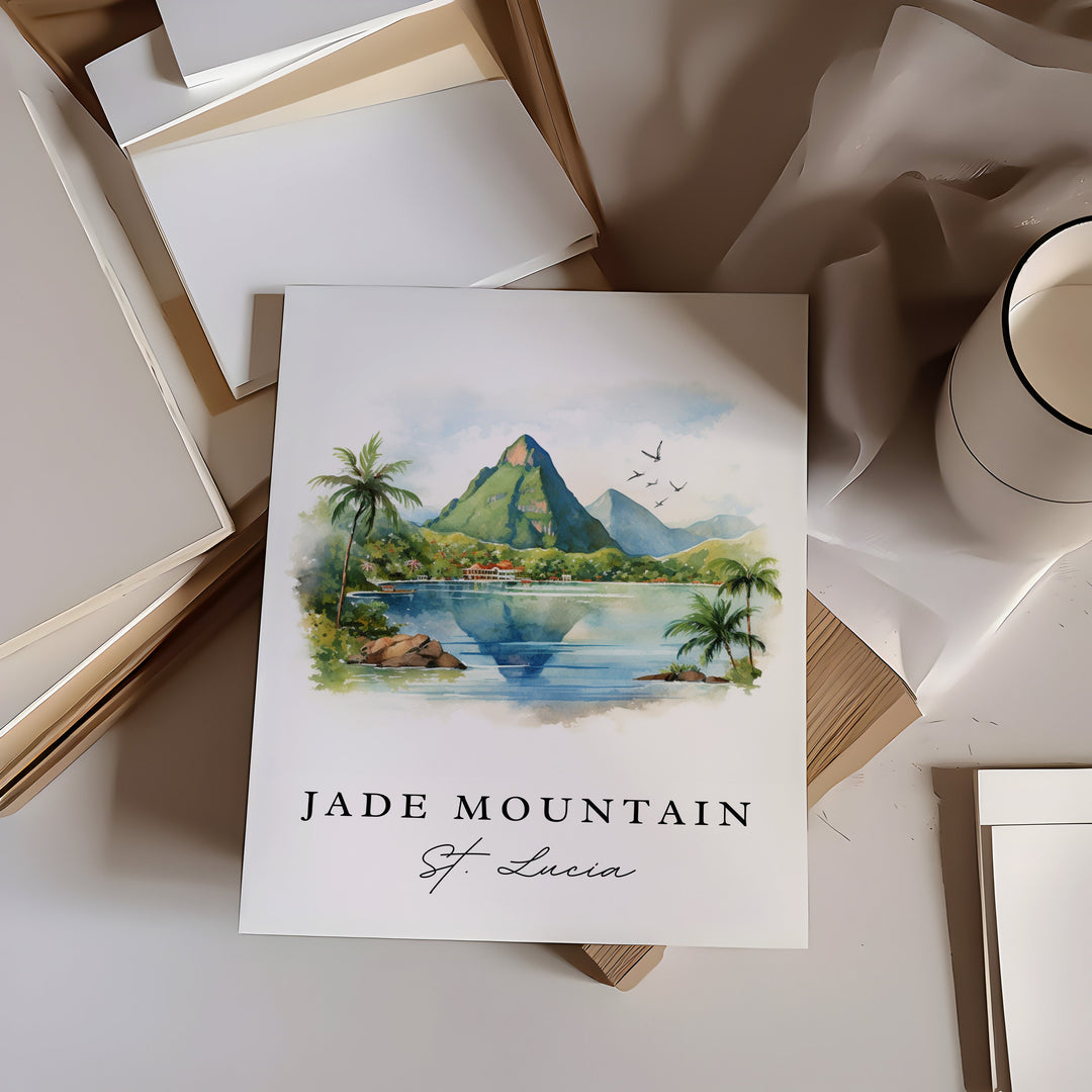 Jade Mountain traditional travel art - St Lucia, Jade Mountain poster print, Wedding gift, Birthday present, Custom Text, Perfect Gift