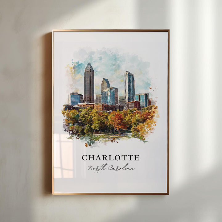 Charlotte NC Wall Art, Charlotte Print, Charlotte Watercolor Art, Charlotte Cityscae Gift,
