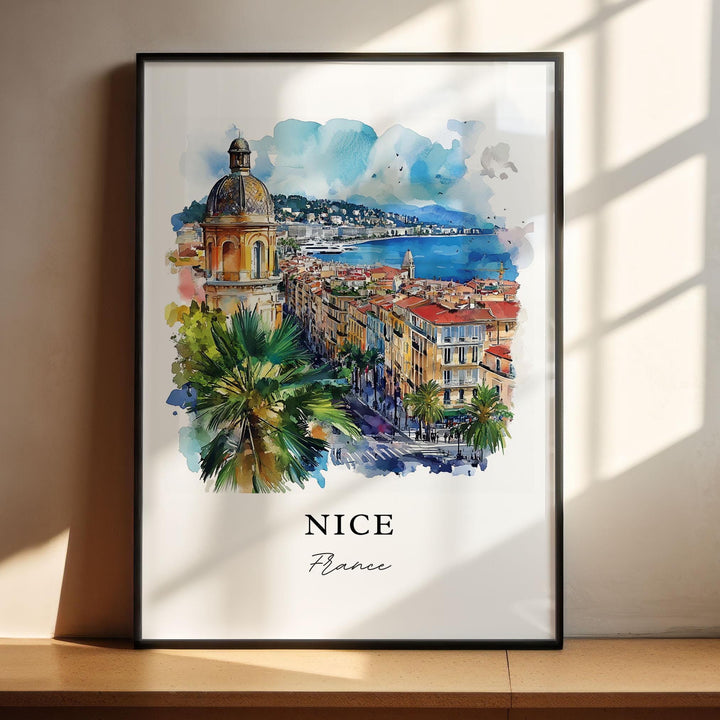 Nice France Wall Art, Nice FR Print, French Riviera Watercolor Art, Nice France Skyline Gift,