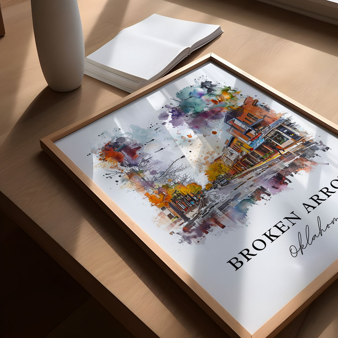 Broken Arrow OK Wall Art, Broken Arrow  Print, Oklahoma Watercolor, Tulsa OK Gift, Travel Poster, Housewarming Gift
