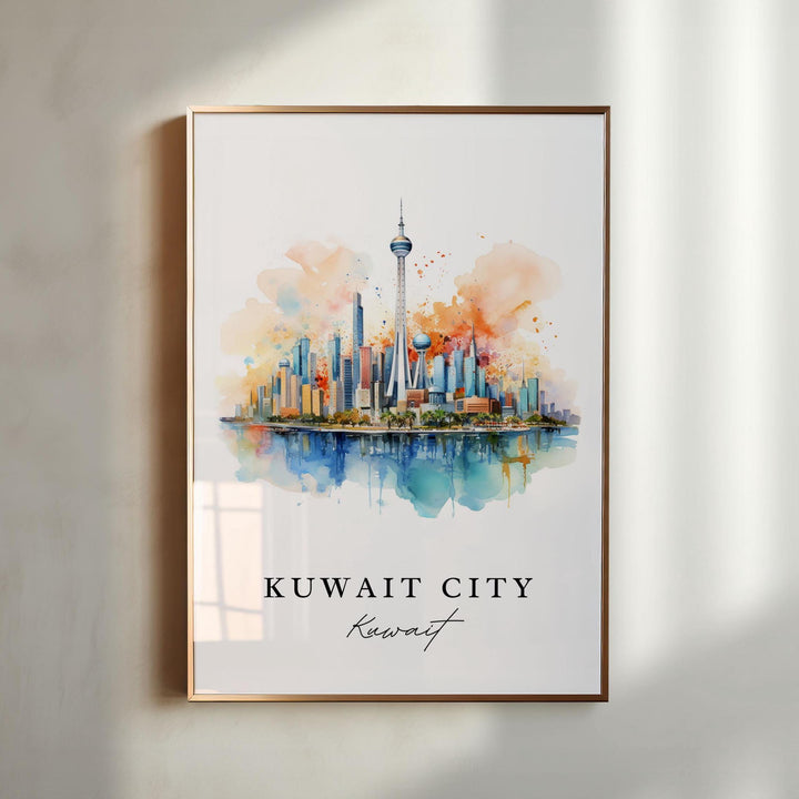 Kuwait City traditional travel art - Middle East, Kuwait poster, Wedding gift, Birthday present, Custom Text, Personalized Gift