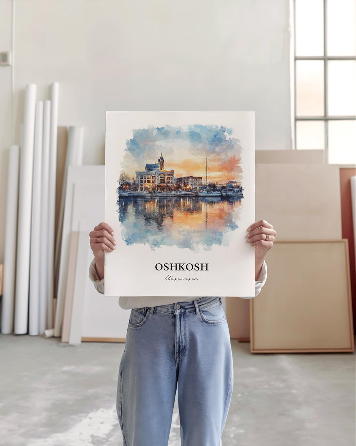 Oshkosh Wall Art, Winnebago County Print, Wisconsin Watercolor Art, Oshkosh WI Gift, Travel Print, Travel Poster, Housewarming Gift
