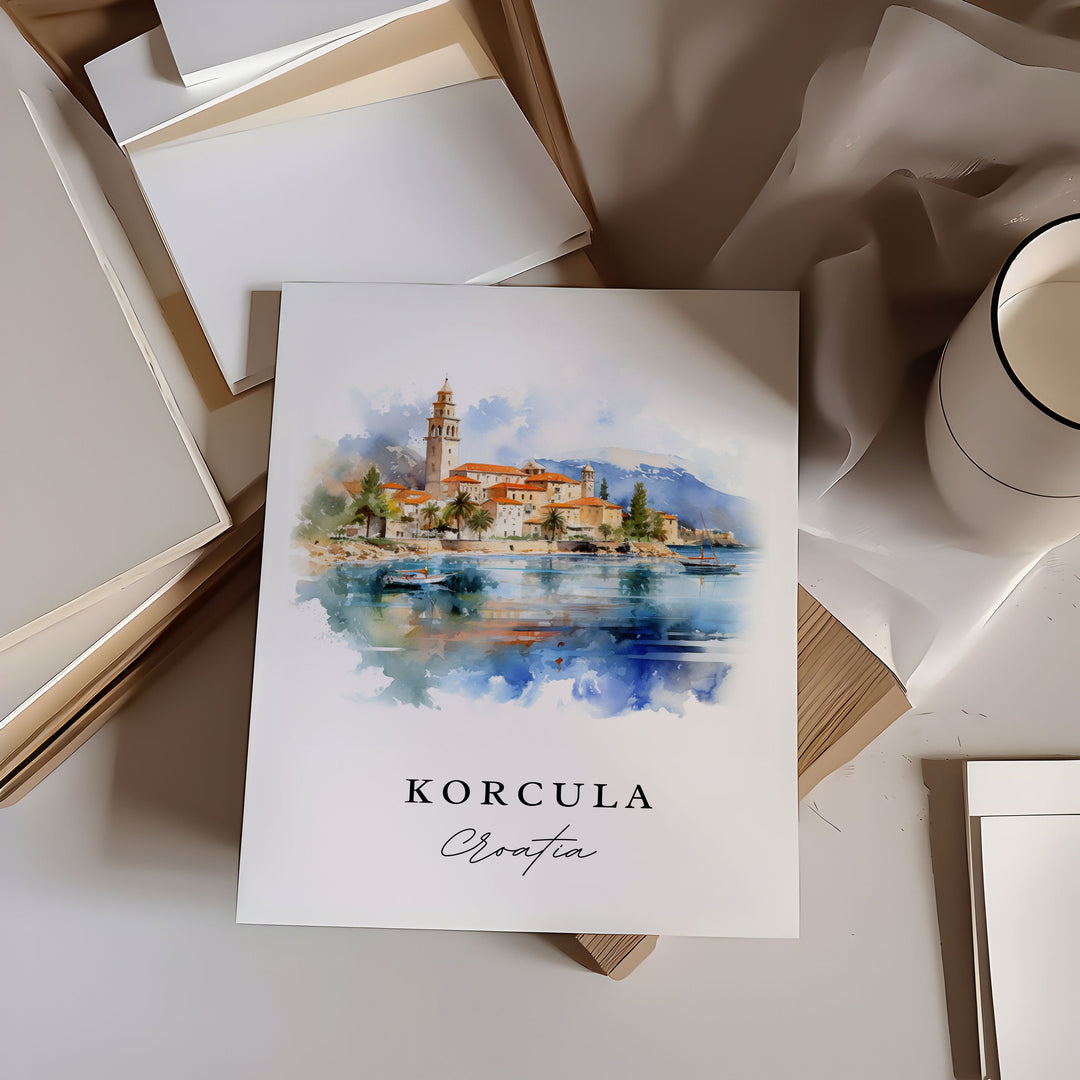 Korcula traditional travel art - Croatia, Korcula poster print, Wedding gift, Birthday present, Custom Text, Perfect Gift