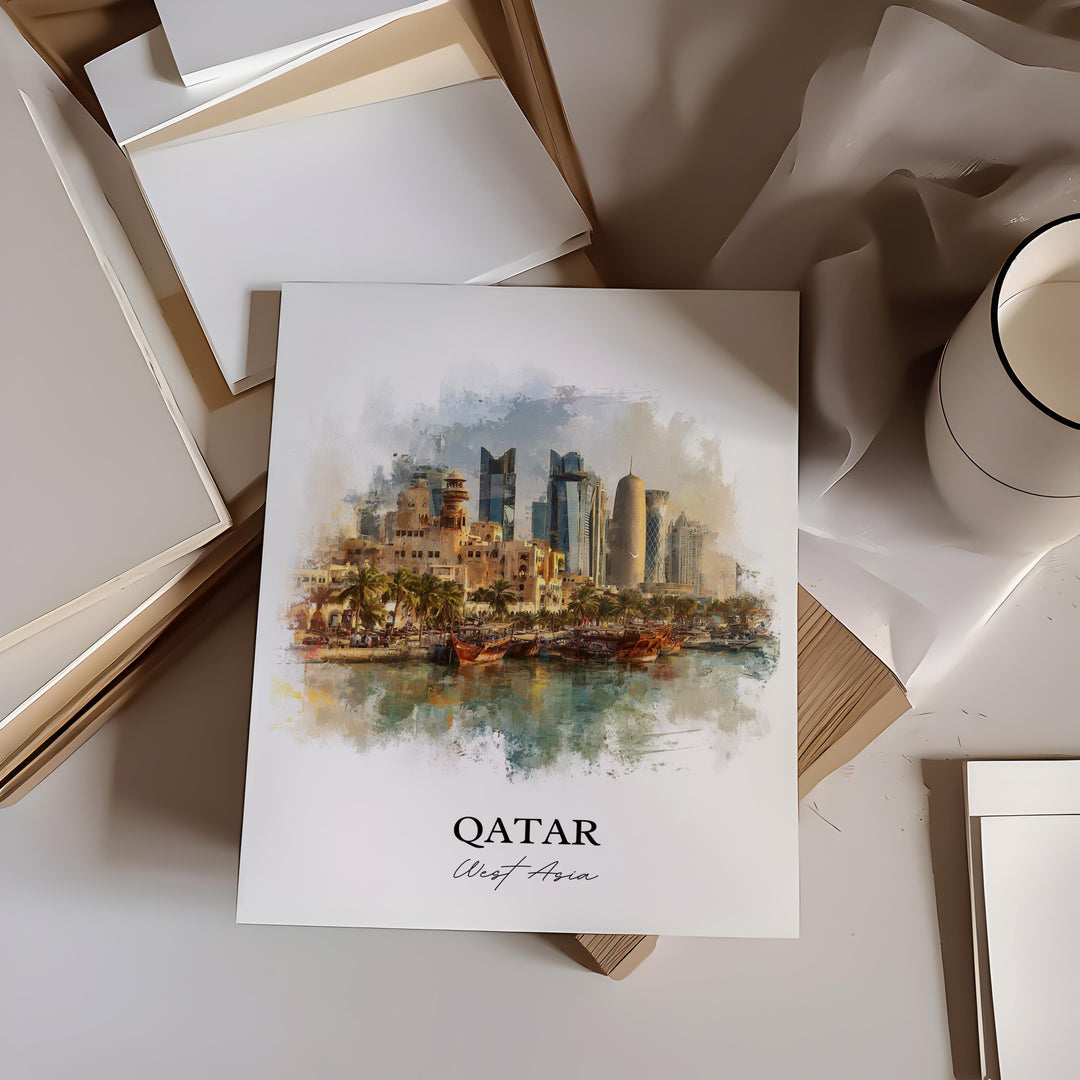 Qatar Wall Art, Qatar Print, Qatar Watercolor Art, Qatar Country Gift, Travel Print, Travel Poster, Housewarming Gift