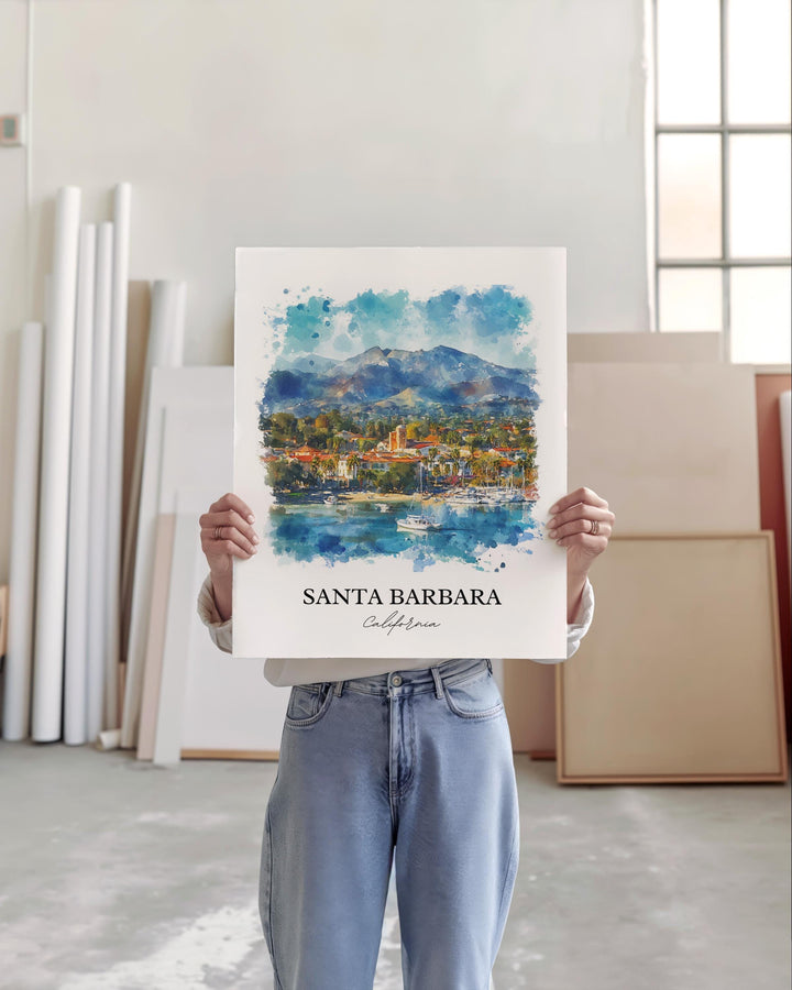 Santa Barbara Wall Art, California Print, Santa Barbara Watercolor Art, Santa Barbara Gift, Travel Print, Travel Poster, Housewarming Gift