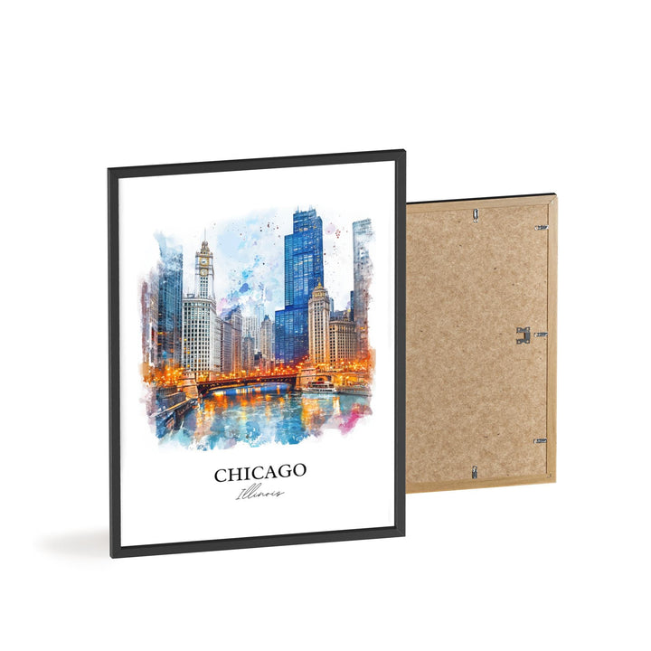 Chicago IL Wall Art, Chicago Skyline Print, Chicago River Watercolor Art, Chicago Gift, Travel Print, Travel Poster, Housewarming Gift