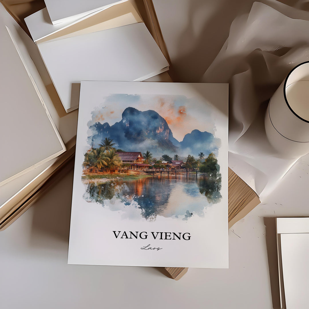 Vang Vieng Wall Art, Vientiane Print, Laos Watercolor Art, Vang Vieng Gift, Travel Print, Travel Poster, Housewarming Gift