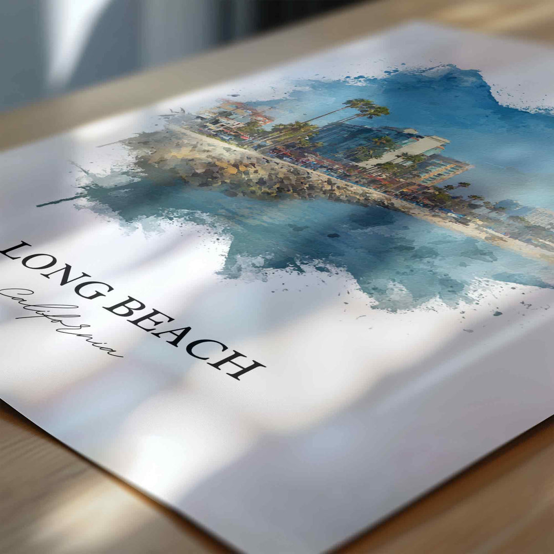 Long Beach CA Wall Art, Long Beach Print, California Watercolor Art, Queensway Bay Gift, Travel Print, Travel Poster, Housewarming Gift