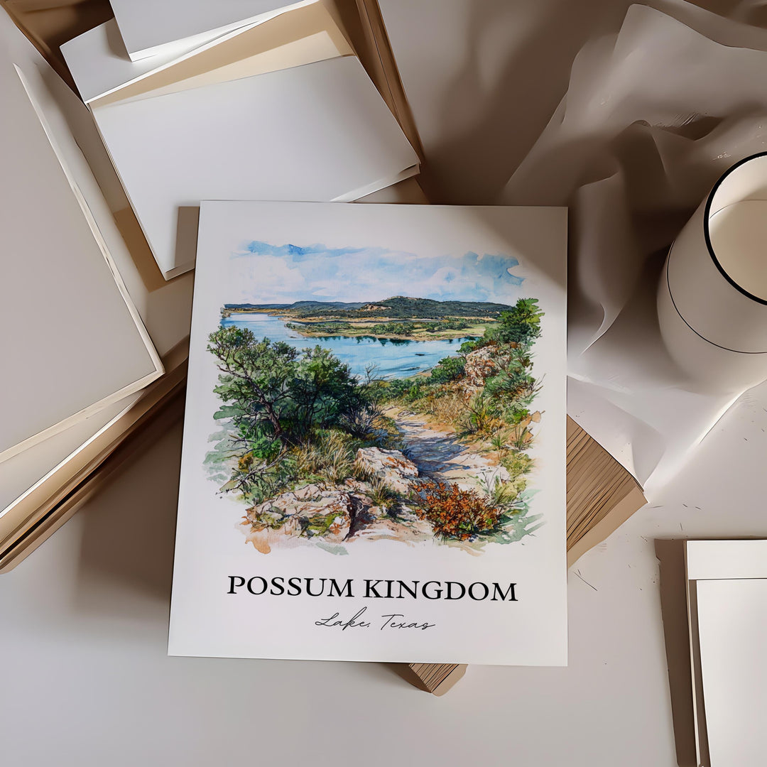 Possum Kingdom Lake Art, Mineral Wells Print, Texas Watercolor Art, Possum Kingdom Lake Gift, Travel Print, Travel Poster, Housewarming Gift