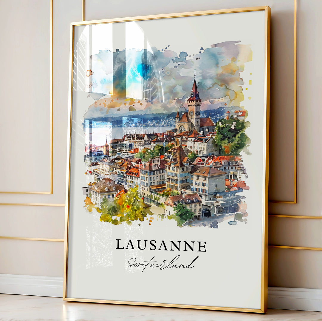 Lausanne Wall Art, Lausanne Switzerland Print, Lake Geneva Watercolor, Vaud Switzerland Gift,